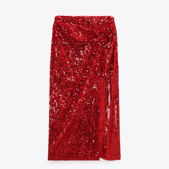 Zara Red Velvet Sequin Midi Skirt - Picture 7 of 9